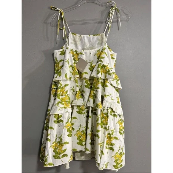 COUSIN THE LABEL NWT SZ M Floral Tiered Mini Dress YELLOW GREEN - Picture 3 of 9